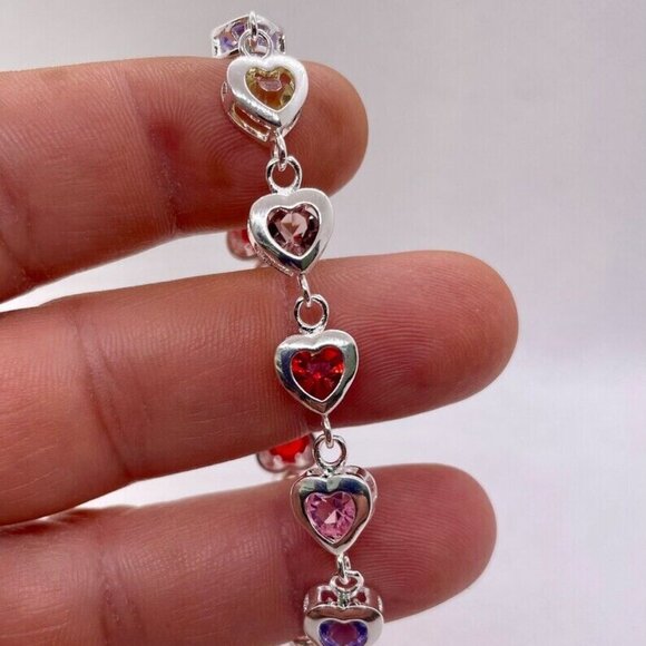 Multi color heart chain bracelet 925 sterling silver 8” adjustable - Picture 2 of 8